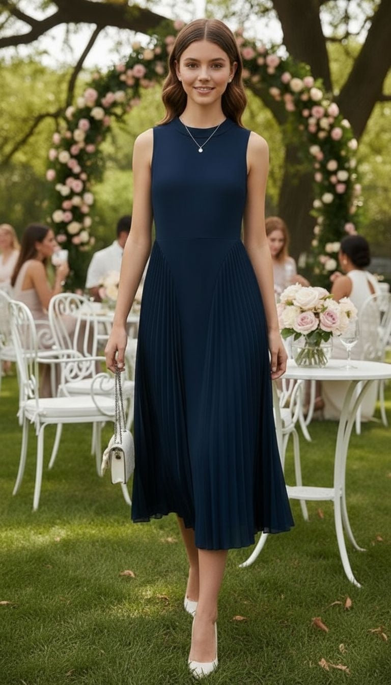 Elegant High‑Neck Pleated Skirt Dress - Mint & Navy