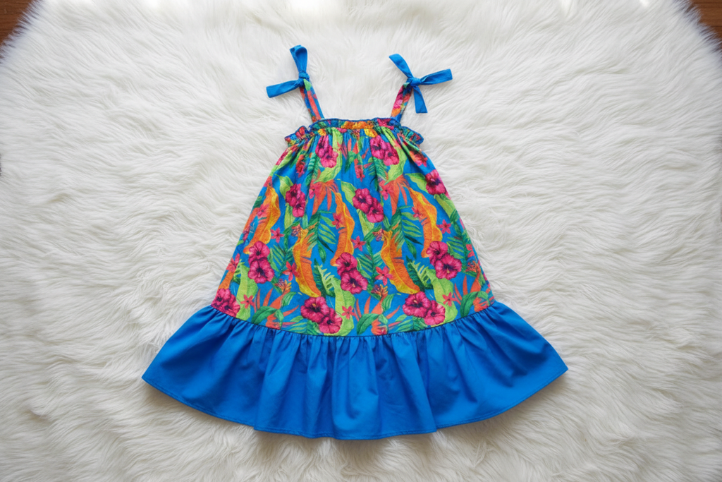 Vibrant Island Print Sundress – Bow Strap & Ruffle Hem