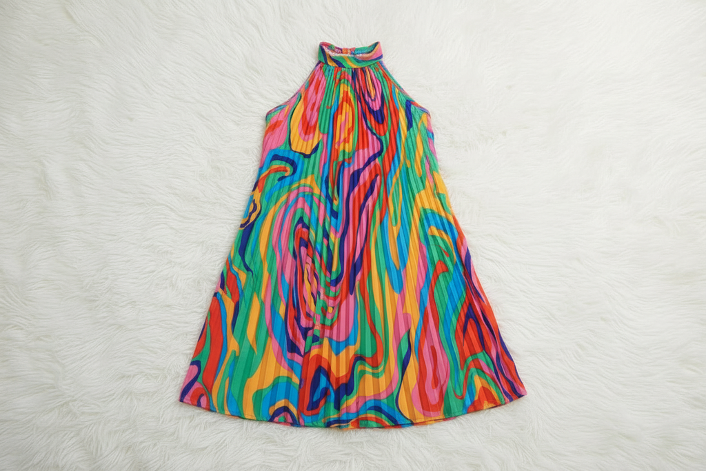 Rainbow Swirl Pleated Swing Dress