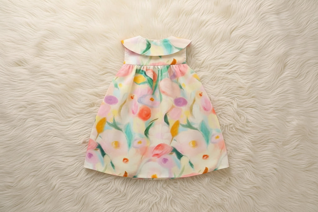 Pastel Floral Swing Dress with Collar & Flower Purse