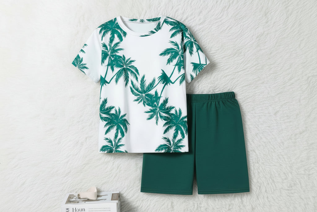 Tropical Summer Set – Palm Print T‑Shirt + Matching Green Shorts