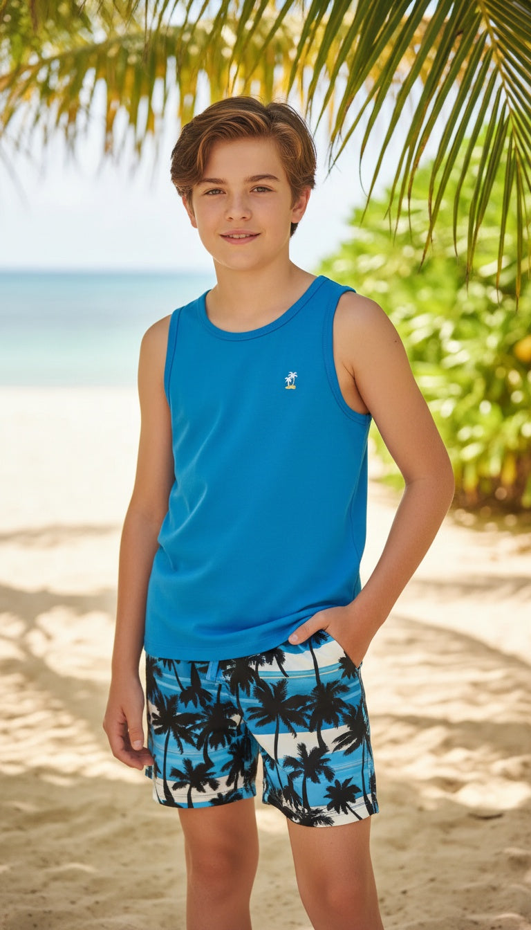 Kids’ Summer Outfit – Sleeveless Blue Tank + Palm Print Shorts