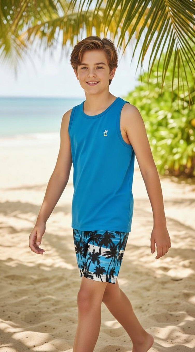 Kids’ Summer Outfit – Sleeveless Blue Tank + Palm Print Shorts