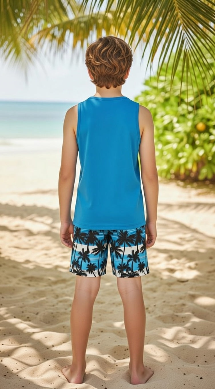 Kids’ Summer Outfit – Sleeveless Blue Tank + Palm Print Shorts