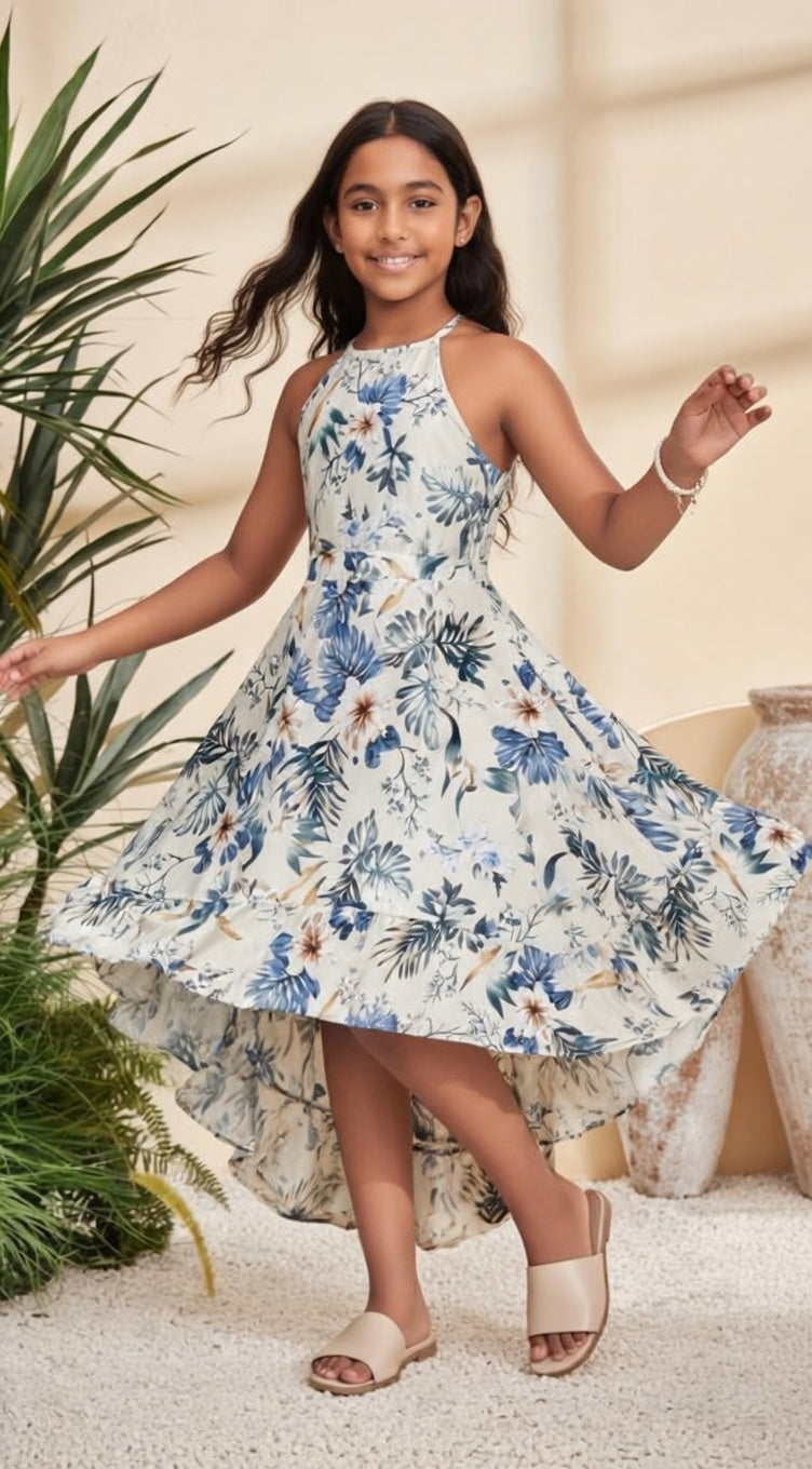 Floral Halter High‑Low Summer - Blue
