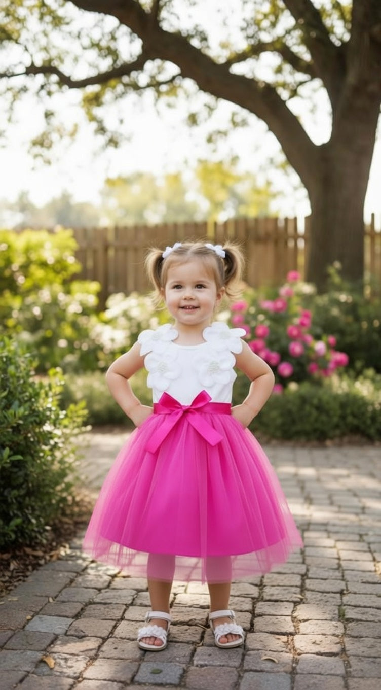 Elegant Tulle Dress with 3D Floral Bodice & Satin Bow