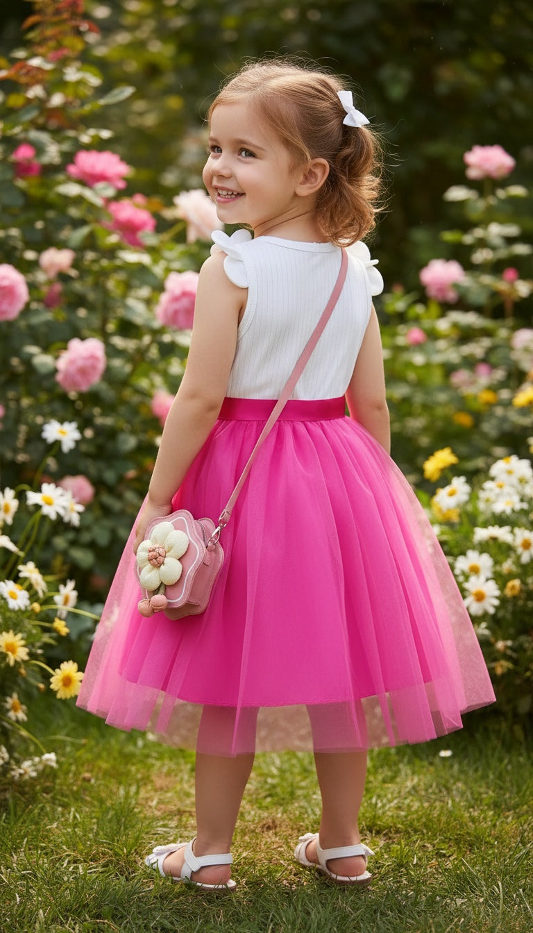 Elegant Tulle Dress with 3D Floral Bodice & Satin Bow