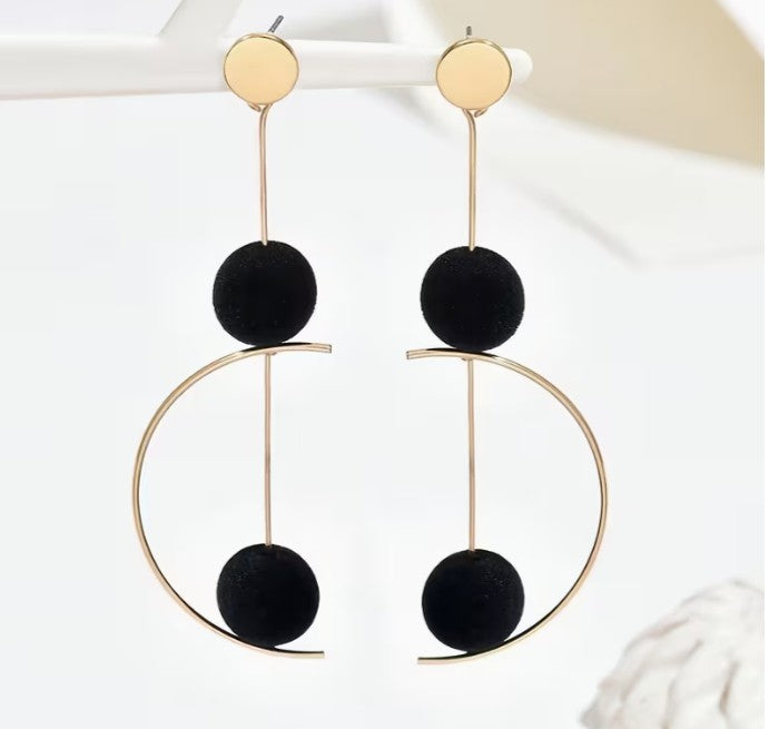 Gold & Black Ball Geometric Drop Earrings – Sculptural Statement