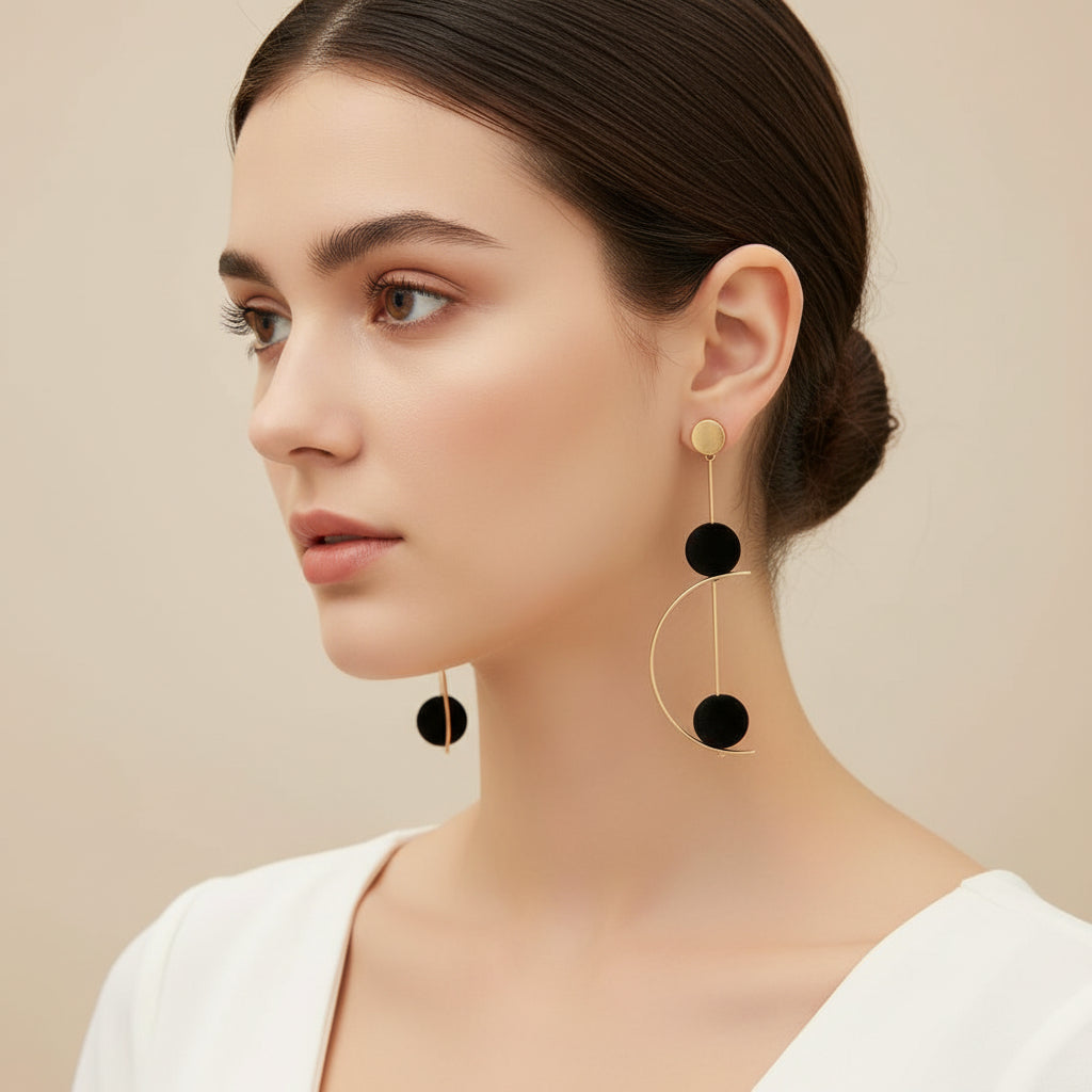 Gold & Black Ball Geometric Drop Earrings – Sculptural Statement
