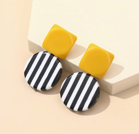 Colour Block & Stripe Drop Earrings – Square & Circle Duo