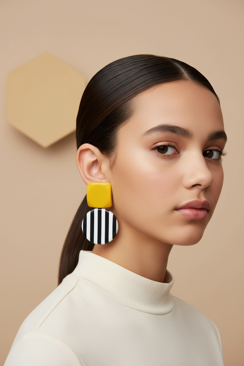 Colour Block & Stripe Drop Earrings – Square & Circle Duo