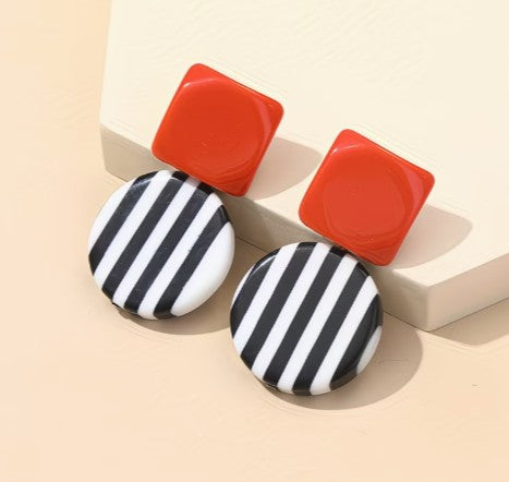 Colour Block & Stripe Drop Earrings – Square & Circle Duo