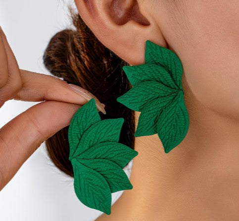 Oversized Green Leaf Drop Earrings – Botanical Statement