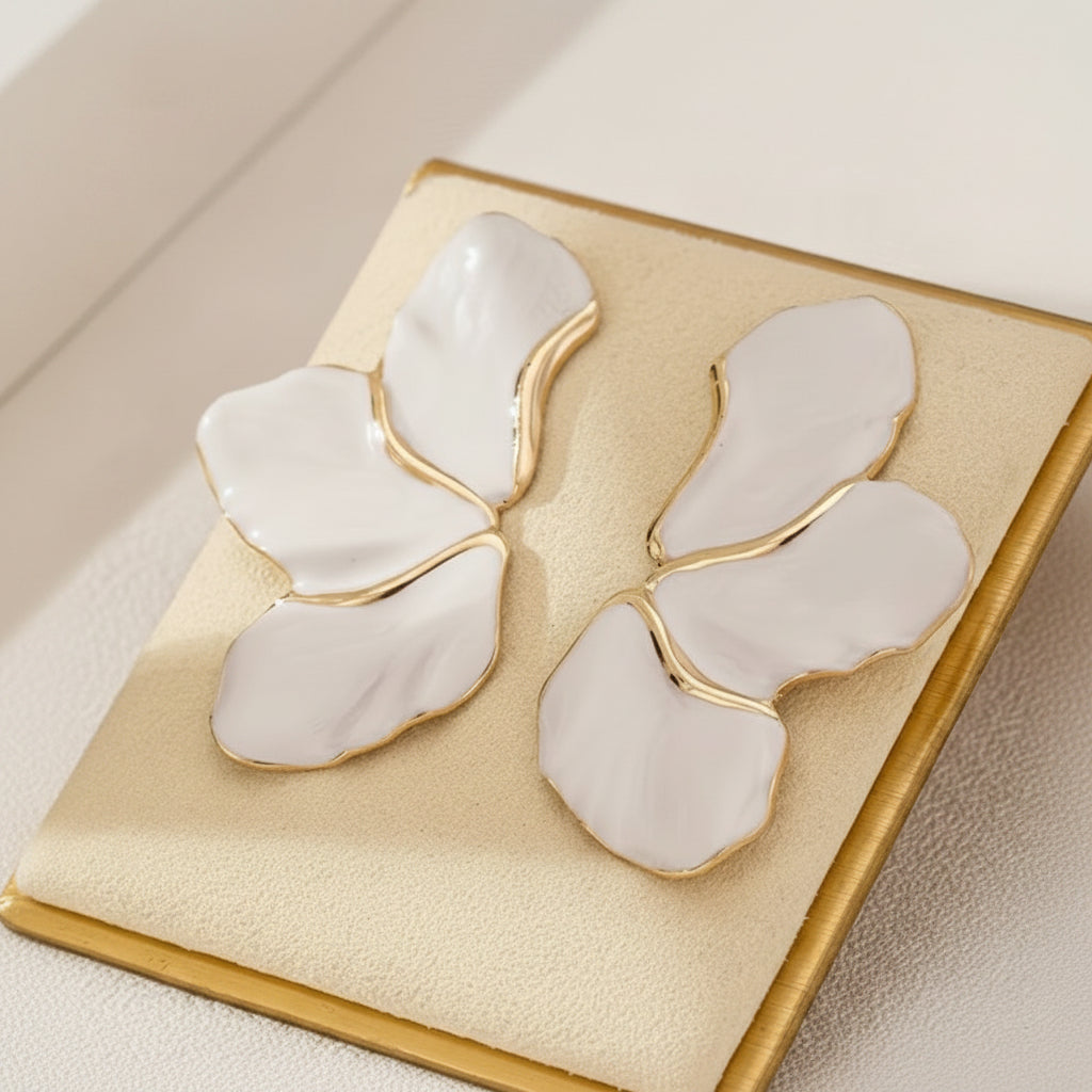 White & Gold Enamel Petal Stud Earrings – Floral Luxe