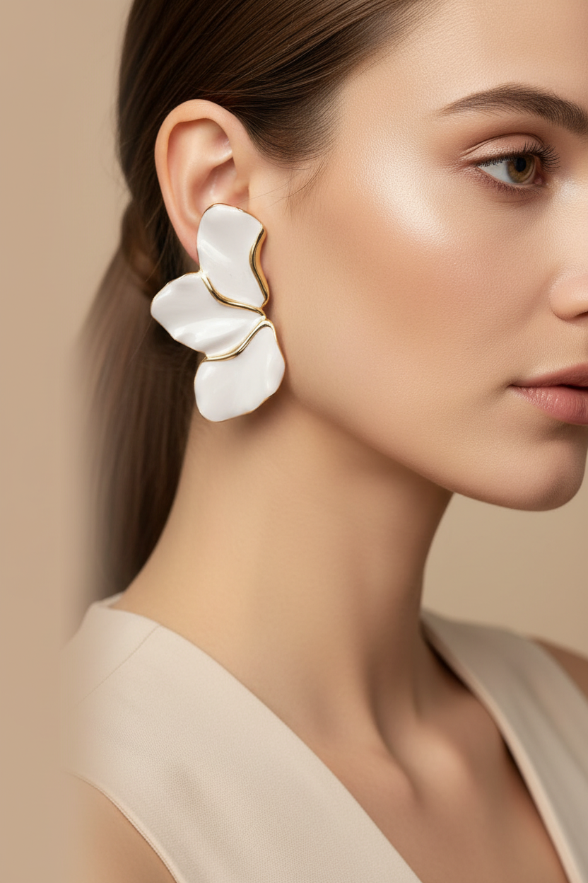 White & Gold Enamel Petal Stud Earrings – Floral Luxe
