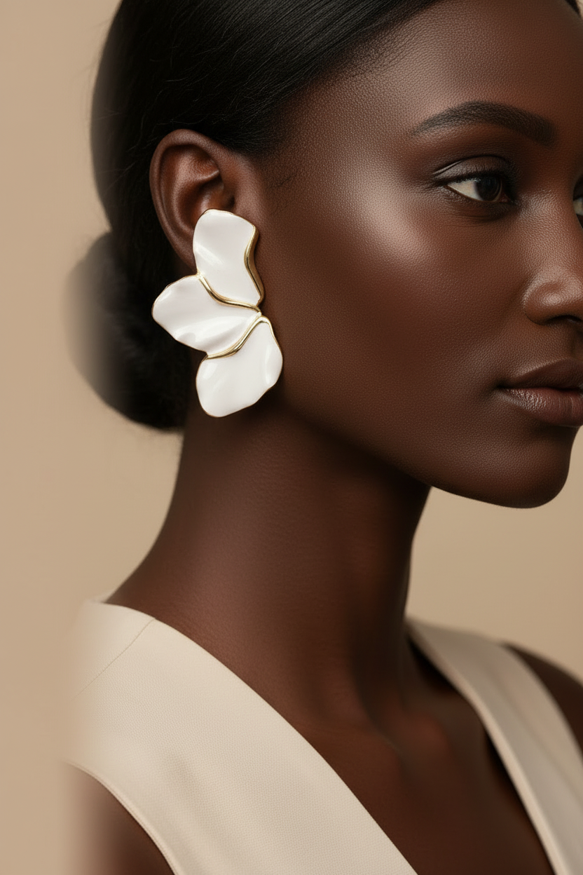 White & Gold Enamel Petal Stud Earrings – Floral Luxe