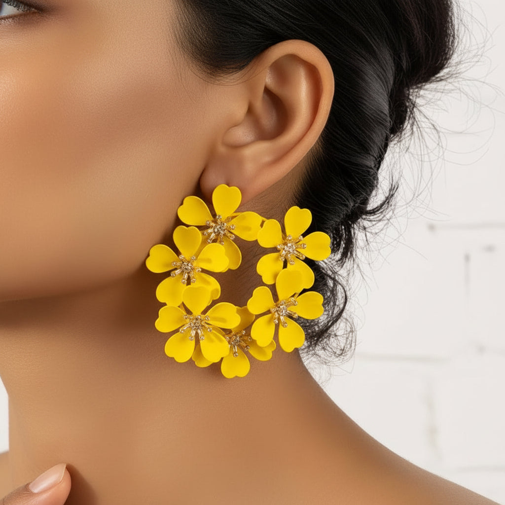 Yellow Triple Flower Hoop Earrings – Sunshine Floral Statement