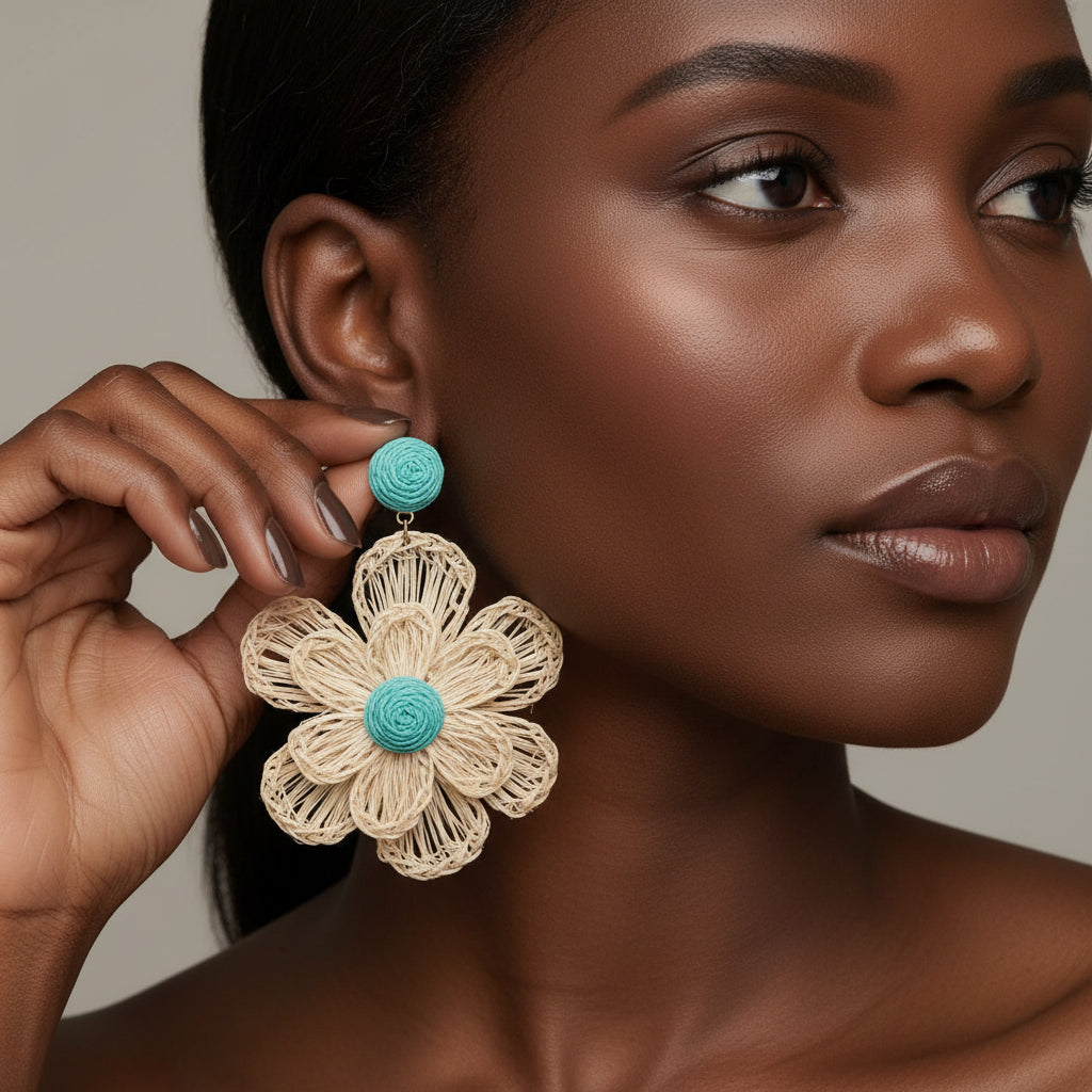 Raffia Woven Flower Drop Earrings – Turquoise & Natural Boho