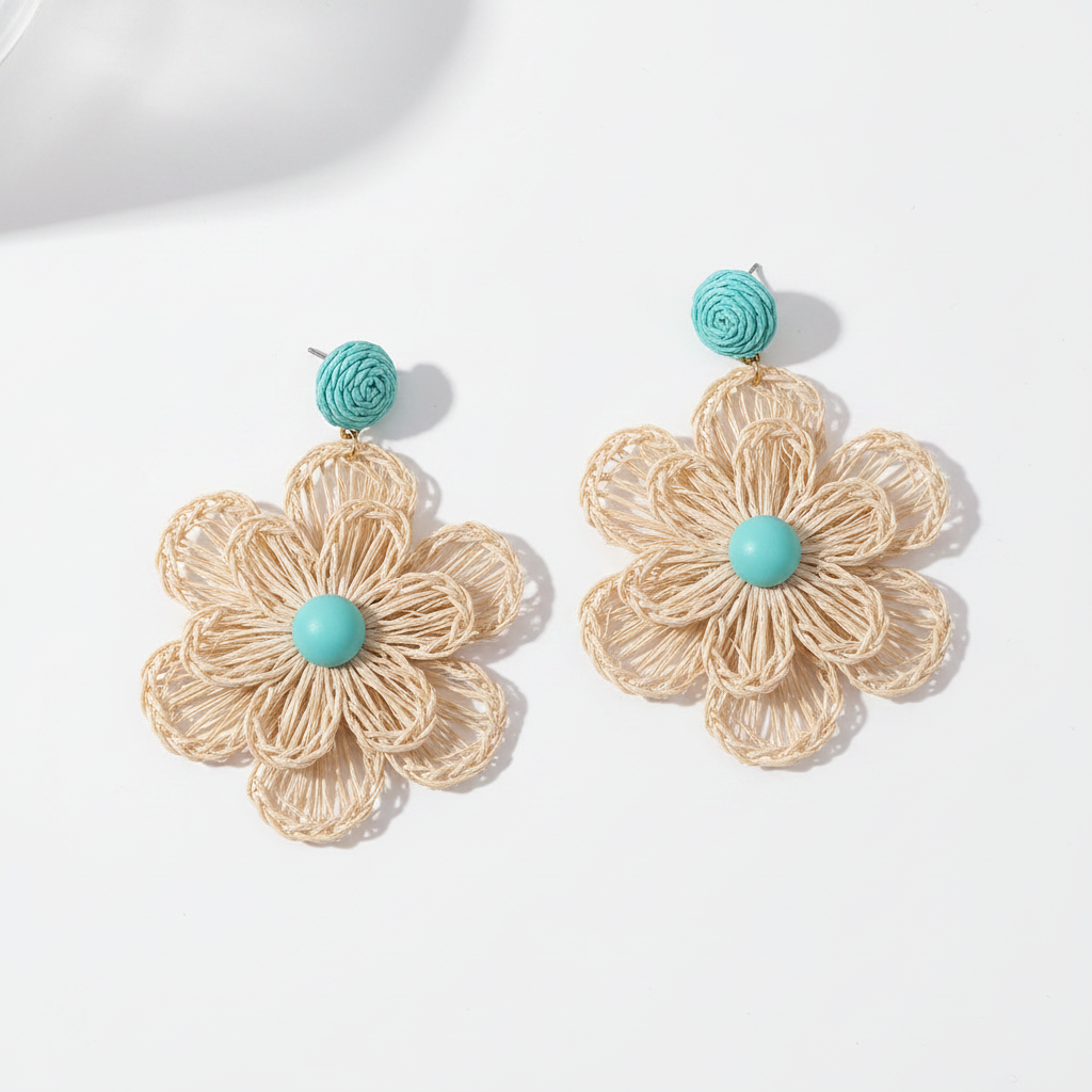 Raffia Woven Flower Drop Earrings – Turquoise & Natural Boho