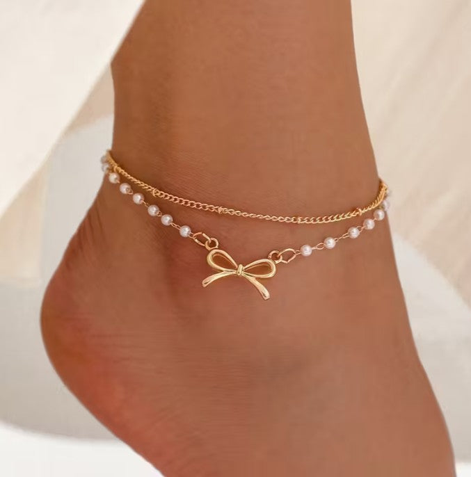 Gold Bow & Pearl Double Layer Anklet – Dainty Layered Chain