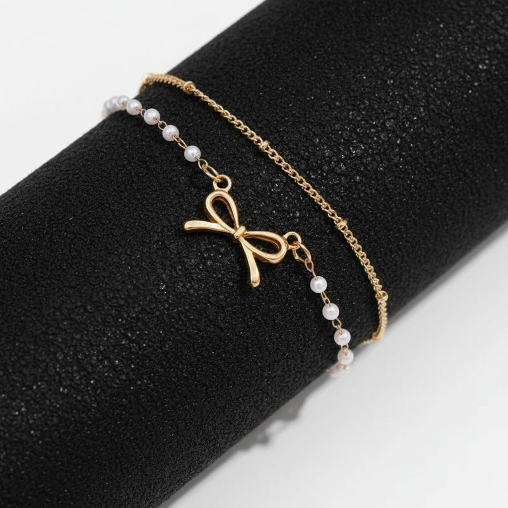 Gold Bow & Pearl Double Layer Anklet – Dainty Layered Chain