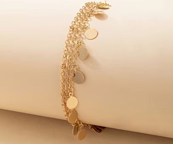 Gold-tone Coin Multi-Strand Anklet – Layered Chain Disc