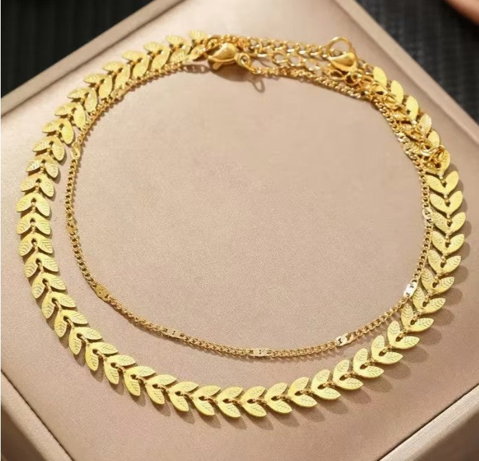 Gold Wheat Leaf Chain Double Anklet Set – Layered Herringbone