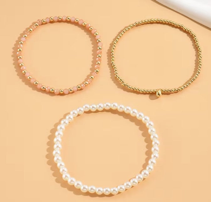 Pearl, Gold & Rose Bead Stretch Bracelet Set – 3-Piece Dainty Stack