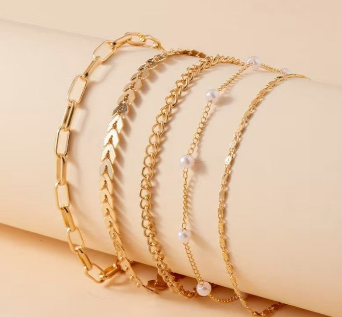 Gold-tone Chain Bracelet Stack – 5-Piece Mixed Link & Pearl Set