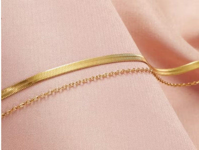 Gold-tone Herringbone & Delicate Chain Double Layer Anklet – Minimalist Stack