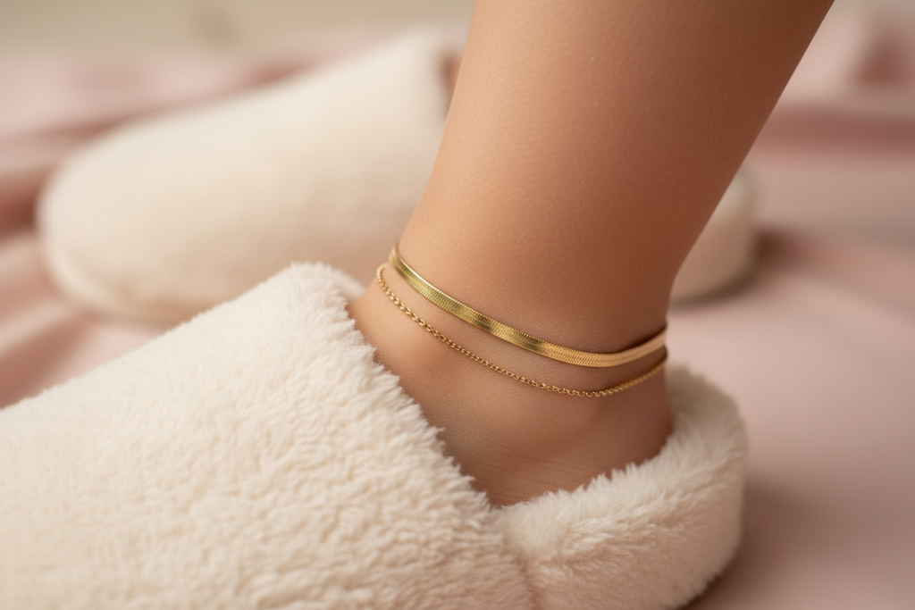 Gold-tone Herringbone & Delicate Chain Double Layer Anklet – Minimalist Stack