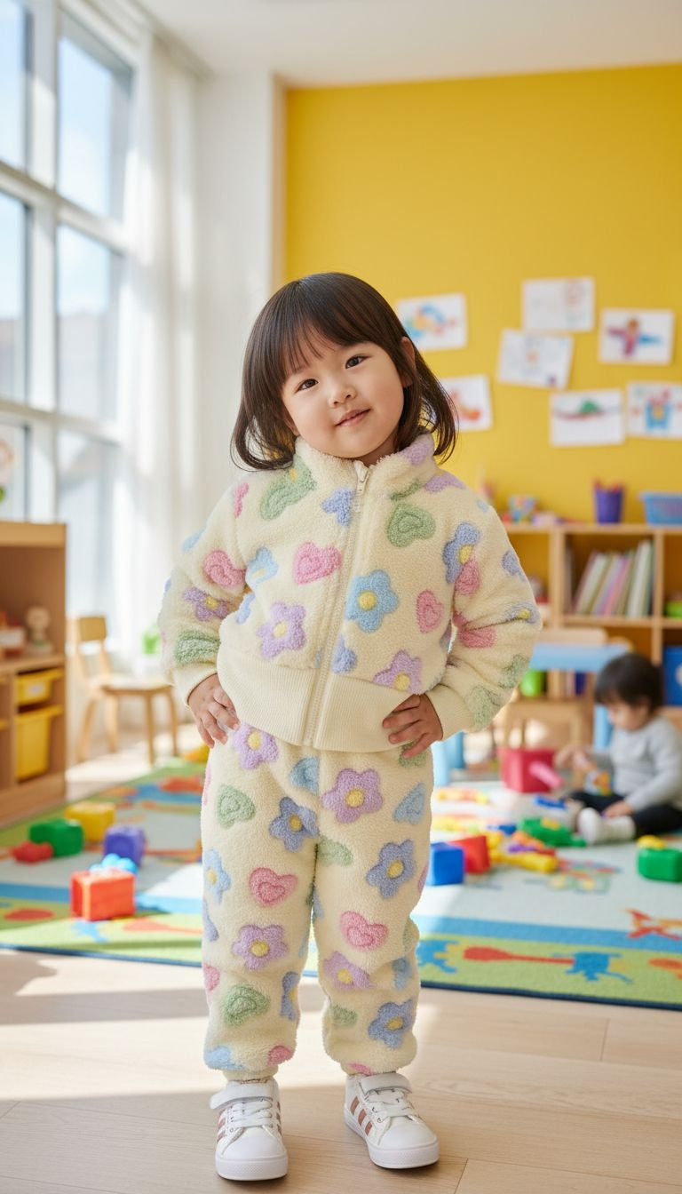 Playful & Cozy: Floral Print Two-Piece Fleece Set