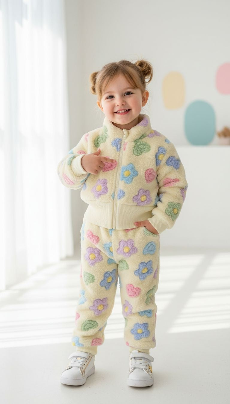 Playful & Cozy: Floral Print Two-Piece Fleece Set