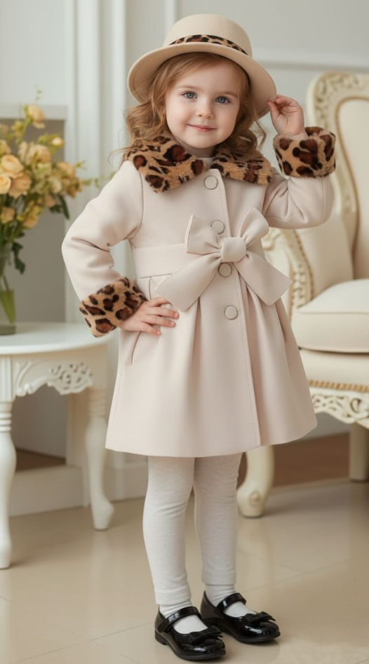 Mini Couture Leopard‑Trim Bow Coat
