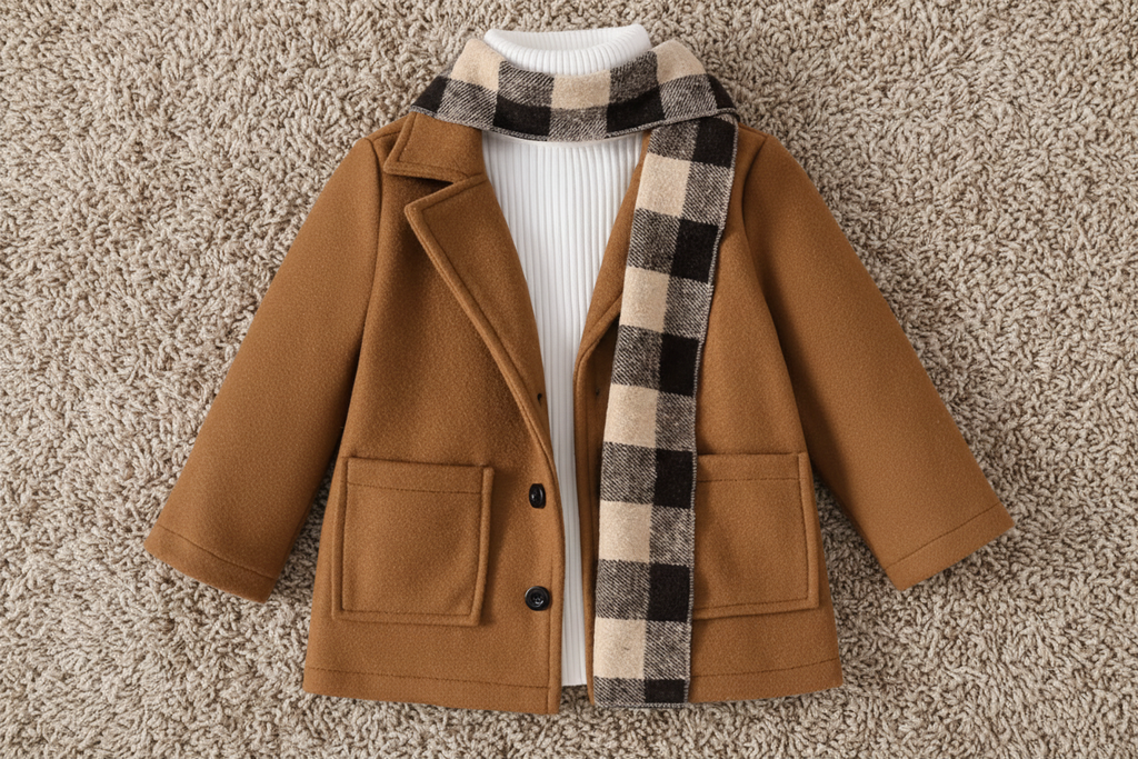 Cozy Classic Trench Coat with Checkered Scarf