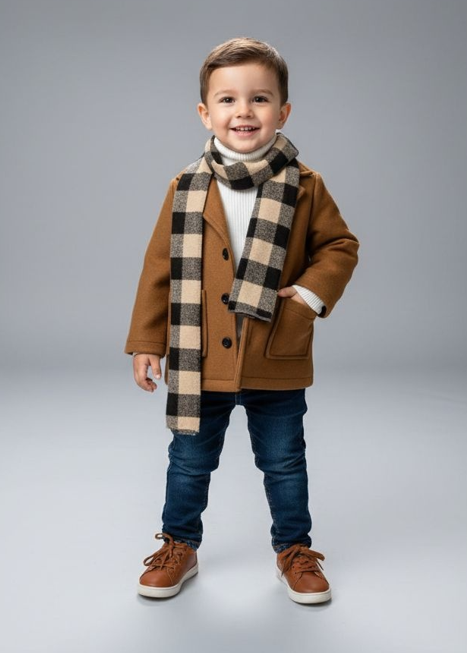 Cozy Classic Trench Coat with Checkered Scarf