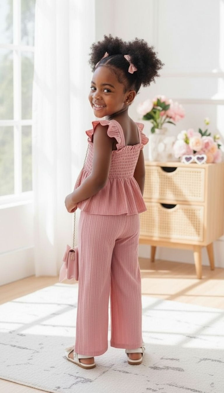 Girls’ Ruffle Strap Smocked Top & Wide‑Leg Pants Set – 2‑Piece Outfit