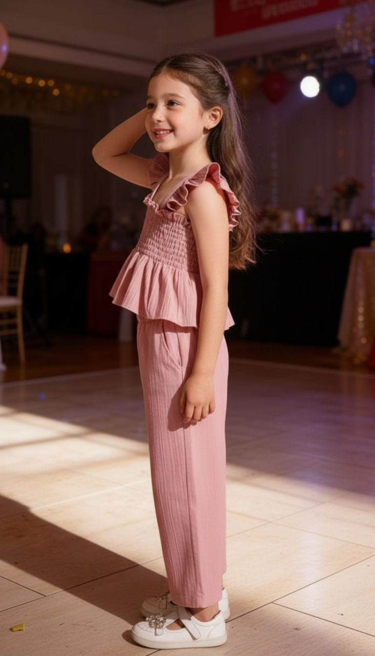 Girls’ Ruffle Strap Smocked Top & Wide‑Leg Pants Set – 2‑Piece Outfit