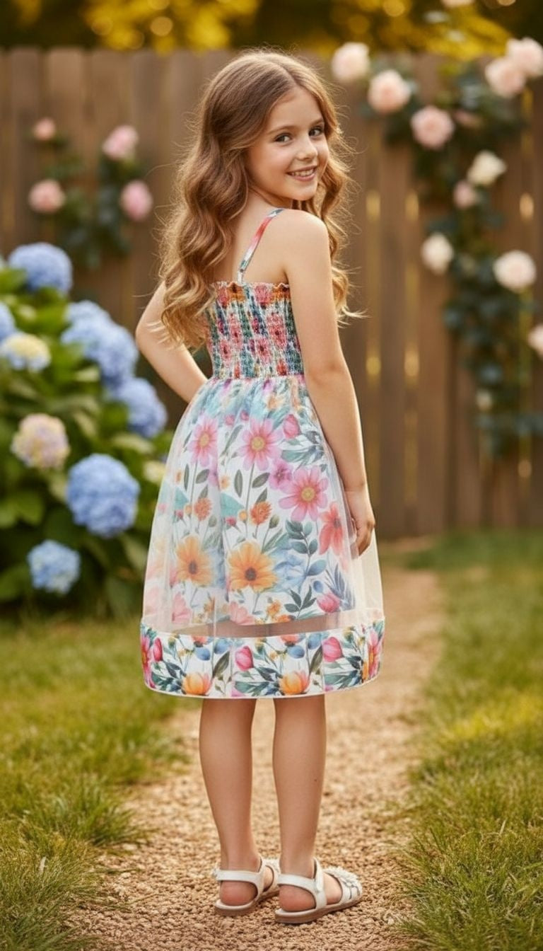 Girls’ Floral Smocked Romper with Sheer Overlay Skirt – 2‑in‑1 Summer Outfit