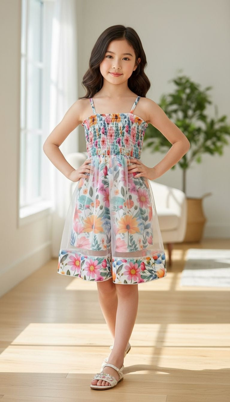 Girls’ Floral Smocked Romper with Sheer Overlay Skirt – 2‑in‑1 Summer Outfit