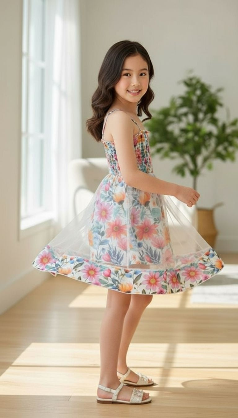 Girls’ Floral Smocked Romper with Sheer Overlay Skirt – 2‑in‑1 Summer Outfit