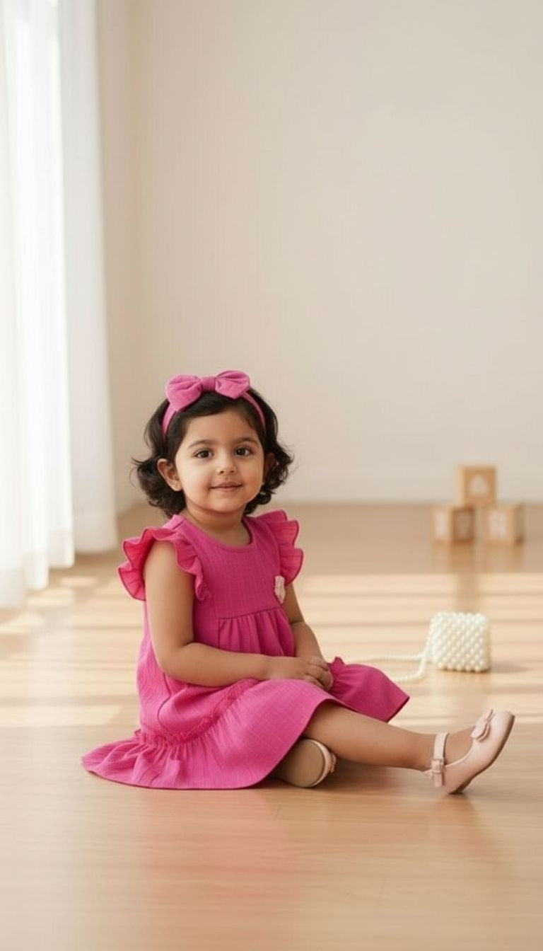 Girls’ Flutter Sleeve Textured Dress with Floral Appliqué & Matching Bow