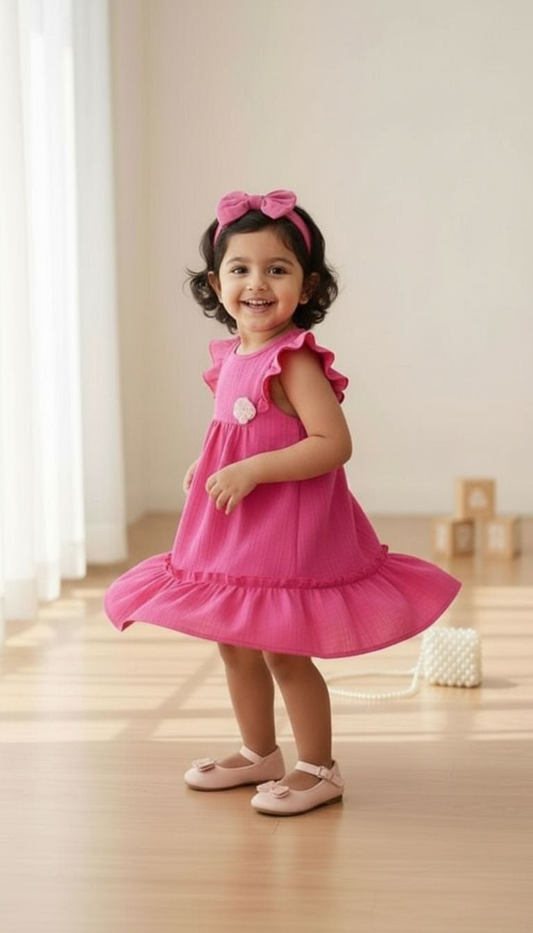 Girls’ Flutter Sleeve Textured Dress with Floral Appliqué & Matching Bow