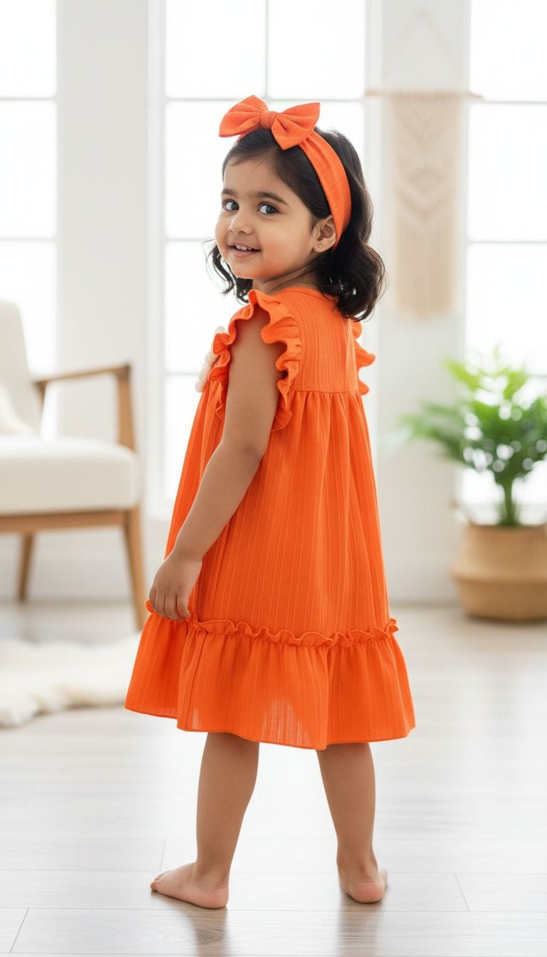 Girls’ Flutter Sleeve Textured Dress with Floral Appliqué & Matching Bow