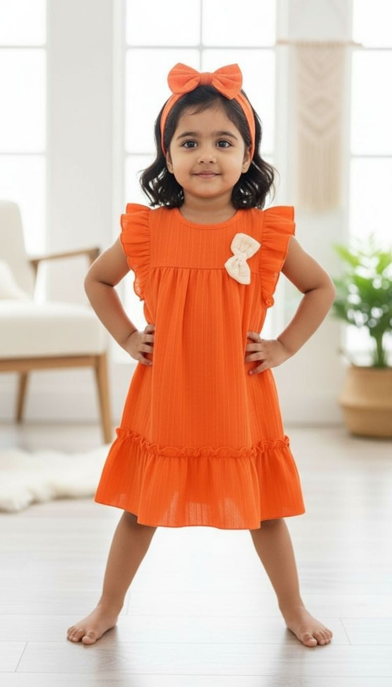 Girls’ Flutter Sleeve Textured Dress with Floral Appliqué & Matching Bow