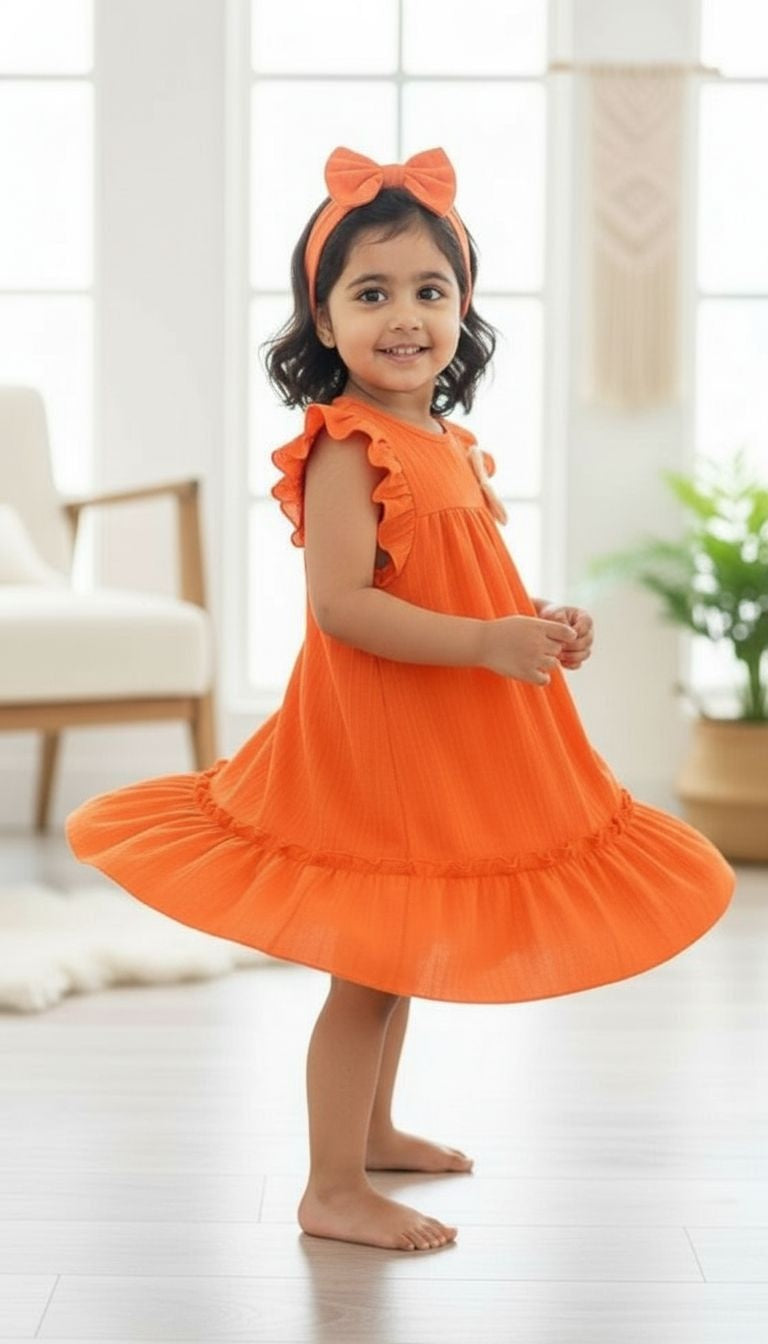 Girls’ Flutter Sleeve Textured Dress with Floral Appliqué & Matching Bow