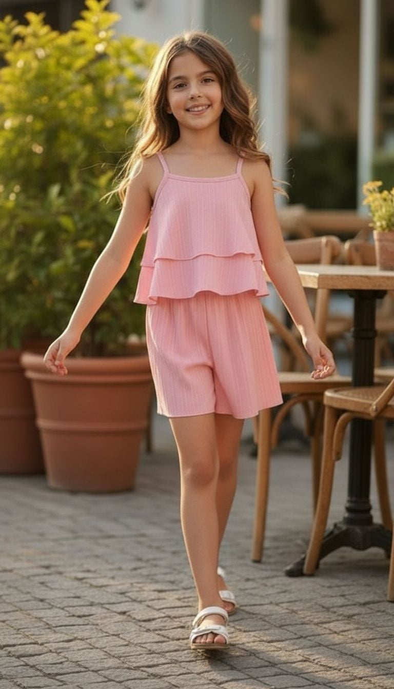 Girls’ Layered Tank Top & Shorts Set – 2‑Piece Summer Outfit