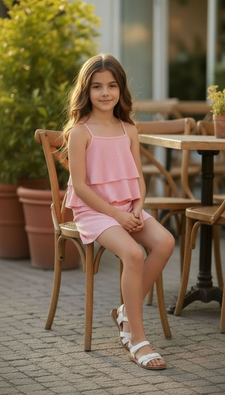 Girls’ Layered Tank Top & Shorts Set – 2‑Piece Summer Outfit