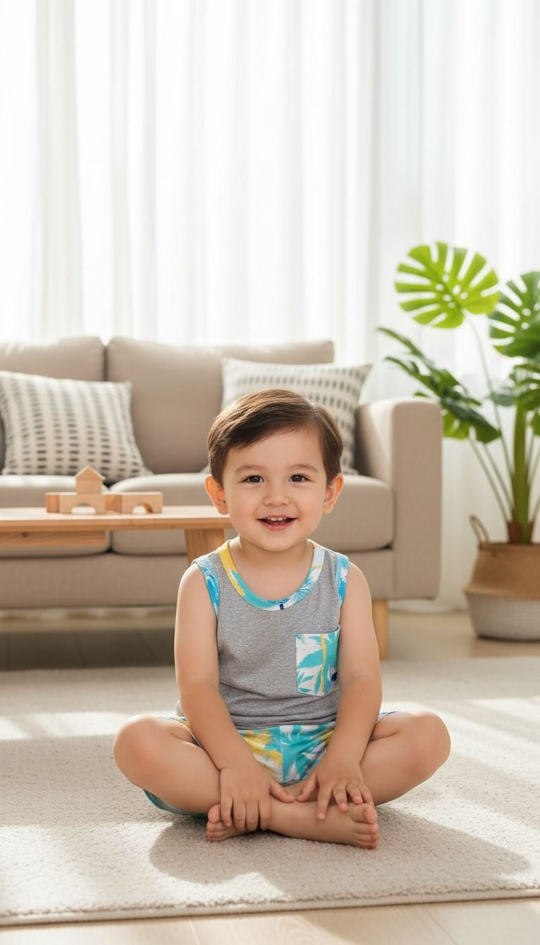 Boys’ Tropical Palm Tank Top & Shorts Set – 2‑Piece Summer Outfit