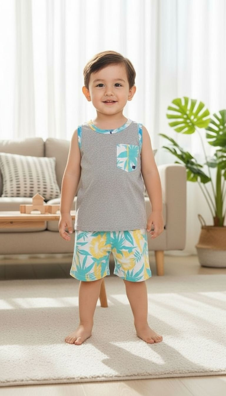 Boys’ Tropical Palm Tank Top & Shorts Set – 2‑Piece Summer Outfit